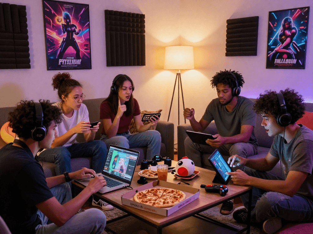 Friends enjoying hentai games in a cozy gaming setup, showcasing excitement.