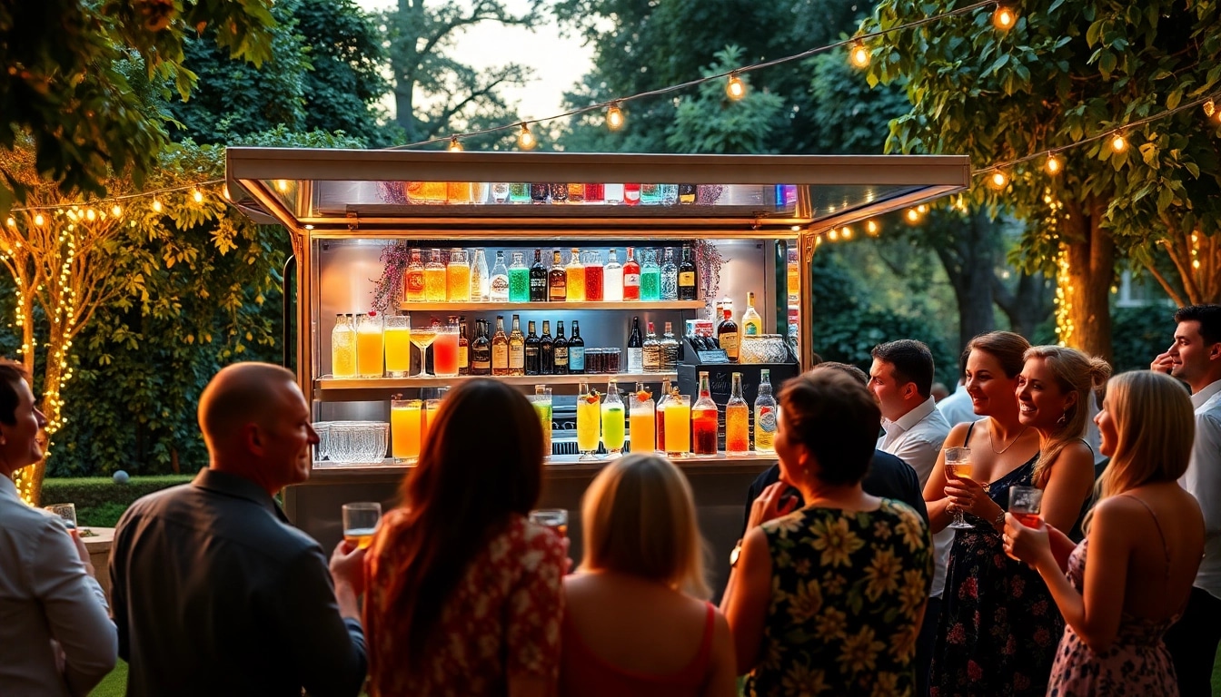 Cheers at a mobile bar service featuring colorful cocktails and happy guests outdoors.