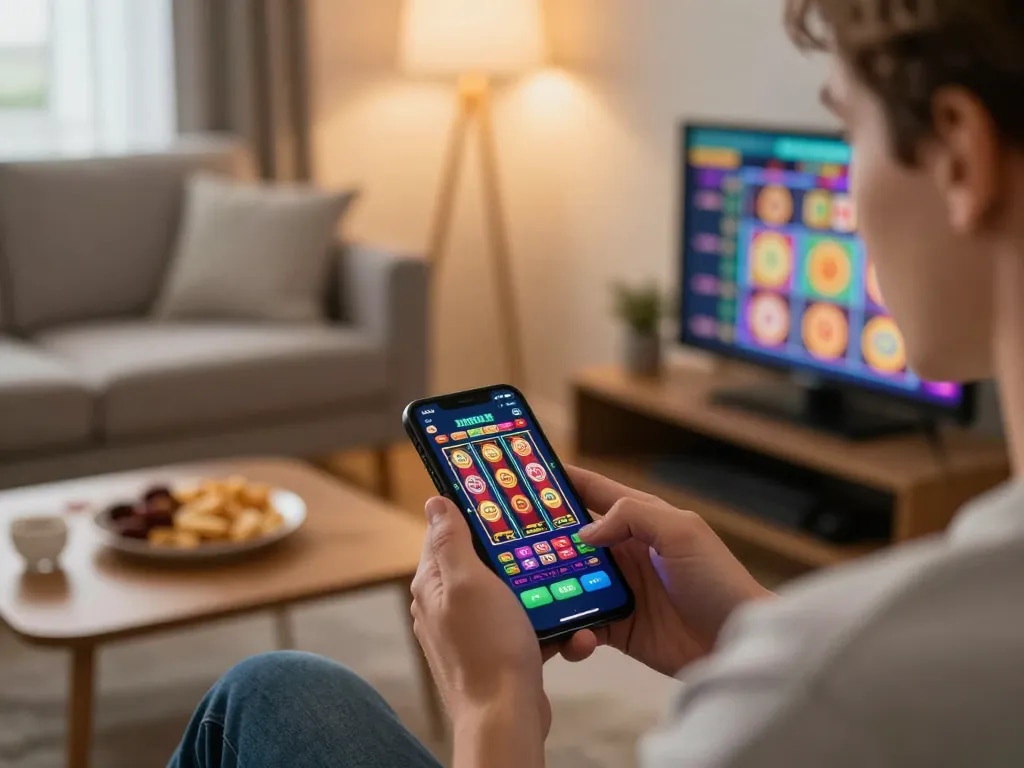 Engaging online gaming session with 8k8.fan app on smartphone, showcasing vibrant slots.
