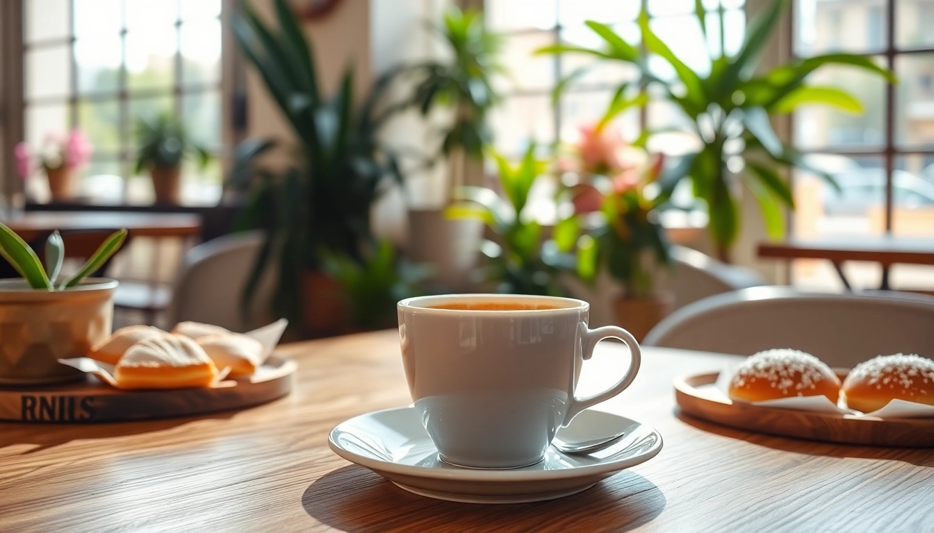 Café chaleureux au Coffee shop Lloret de Mar avec une tasse de café sur une table en bois.
