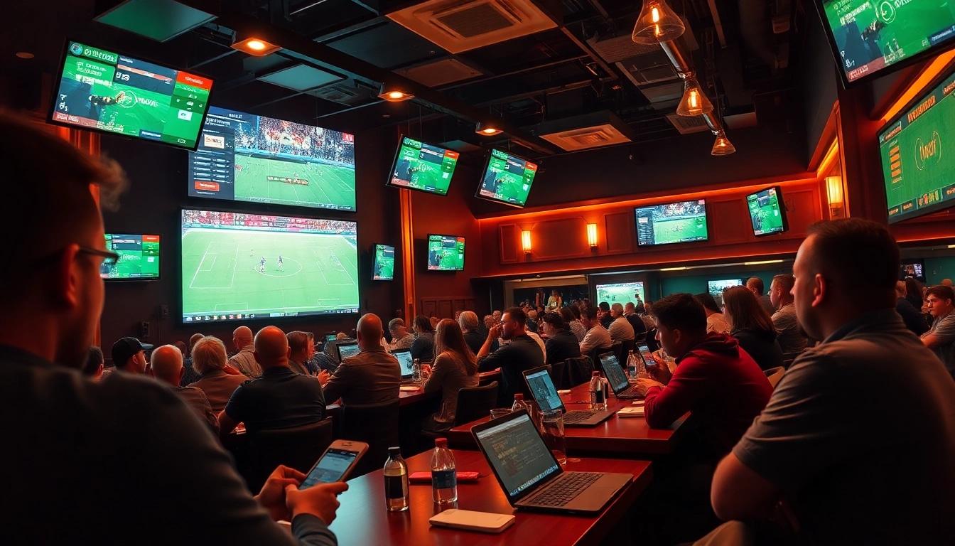 Engaged fans analyzing football betting odds at a vibrant sports bar, inspired by https://keonhacai.study/.