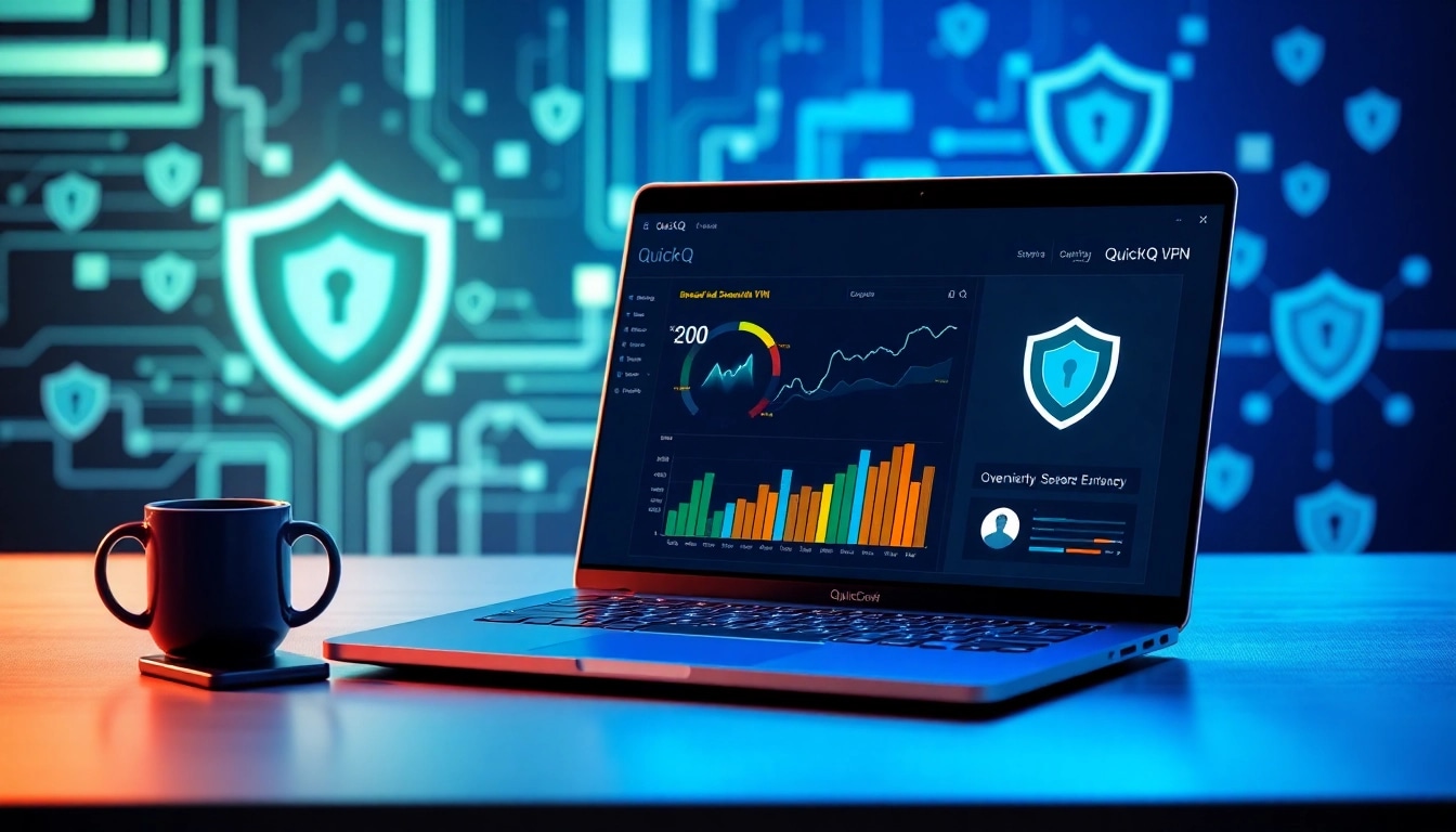QuickQ下载：以现代数字工作空间为背景，展示 VPN 技术与网络安全，配有时尚的笔记本界面。