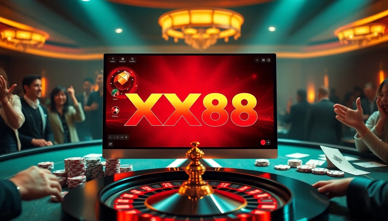 Experience thrilling gameplay at XX88 with vibrant casino elements, including poker chips and roulette.