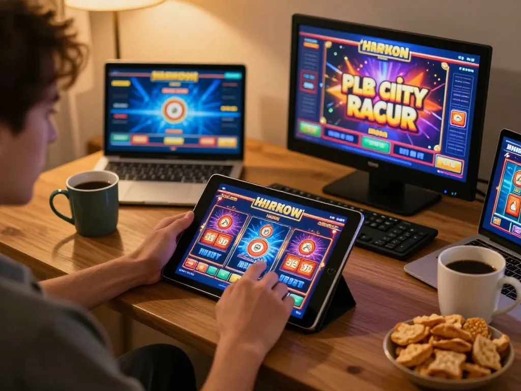 Engaging in gajah toto online slot gameplay with a cozy home setup, showcasing strategic moments with a tablet.