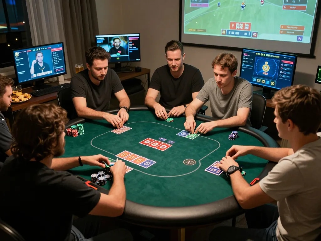 Players strategizing in an online poker game at home with OKFUN casino interface displaying cards and chips