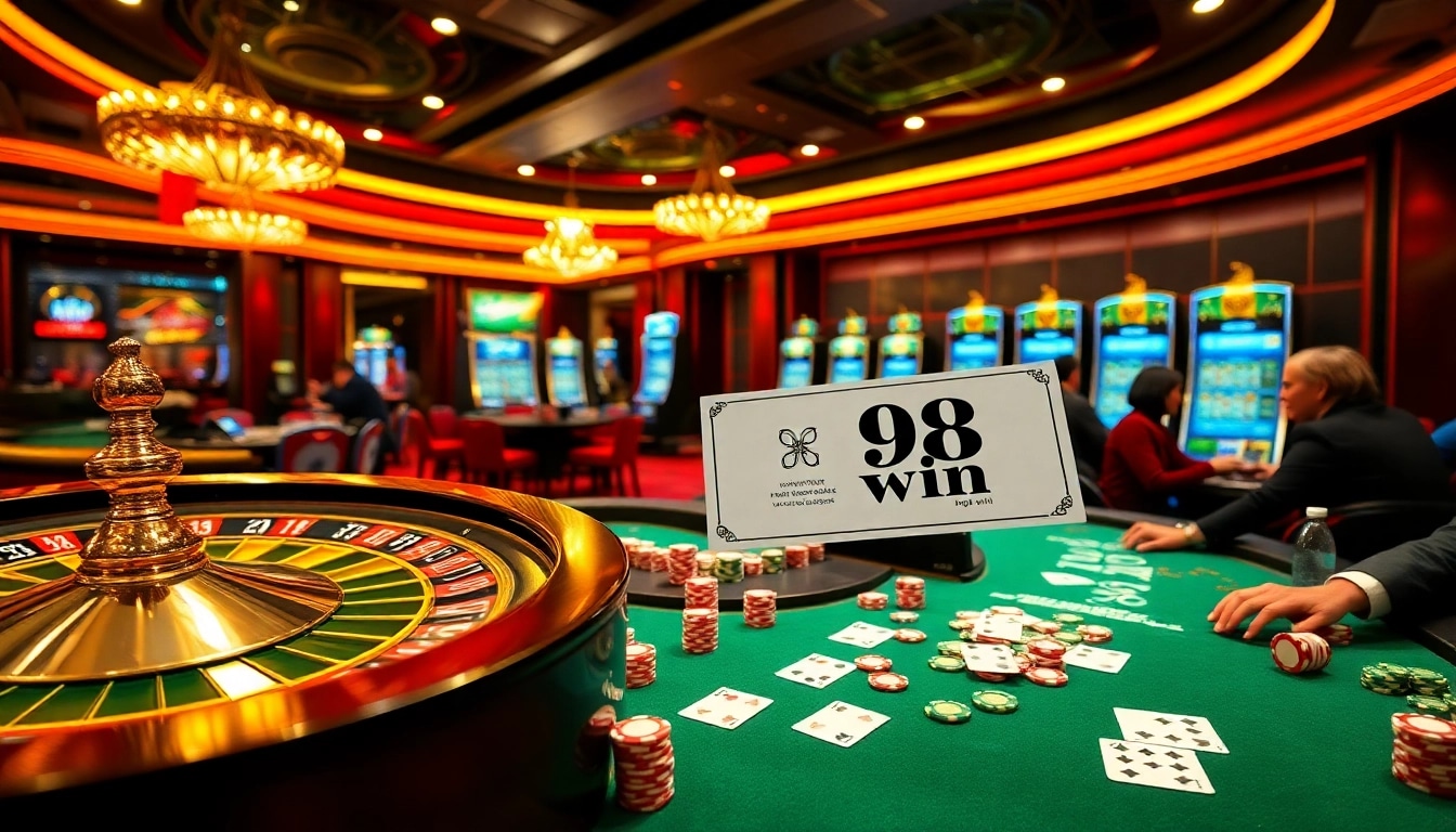 Experience the thrill of winning at 98 win with luxurious casino tables, poker activities, and vibrant gambling elements.