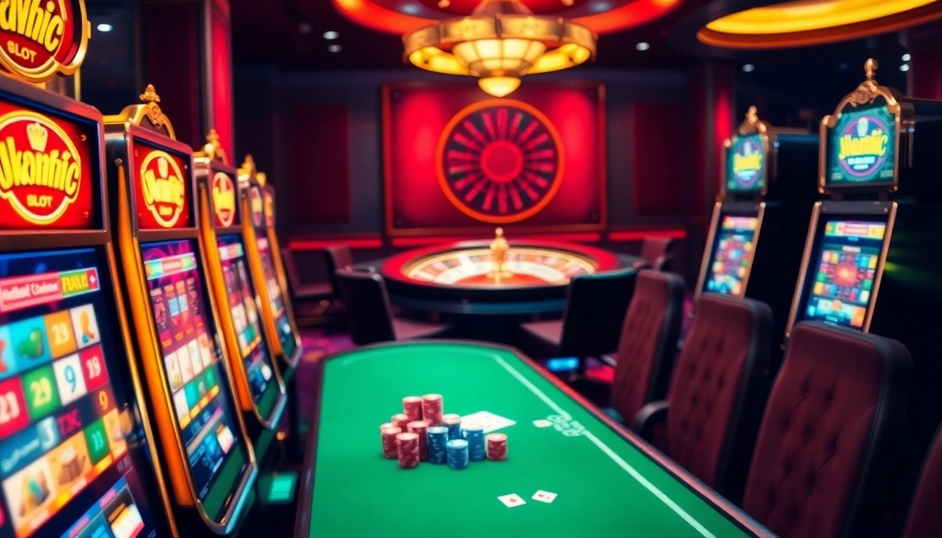 Players enjoying a pragmatic slot machine in a luxurious casino setting, surrounded by poker chips and roulette wheels.