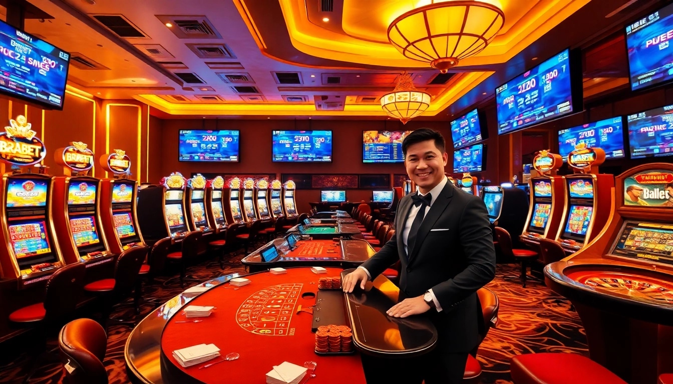 Players engaging in thrilling gambling action at BRABET, featuring vibrant slot machines and professional dealers.
