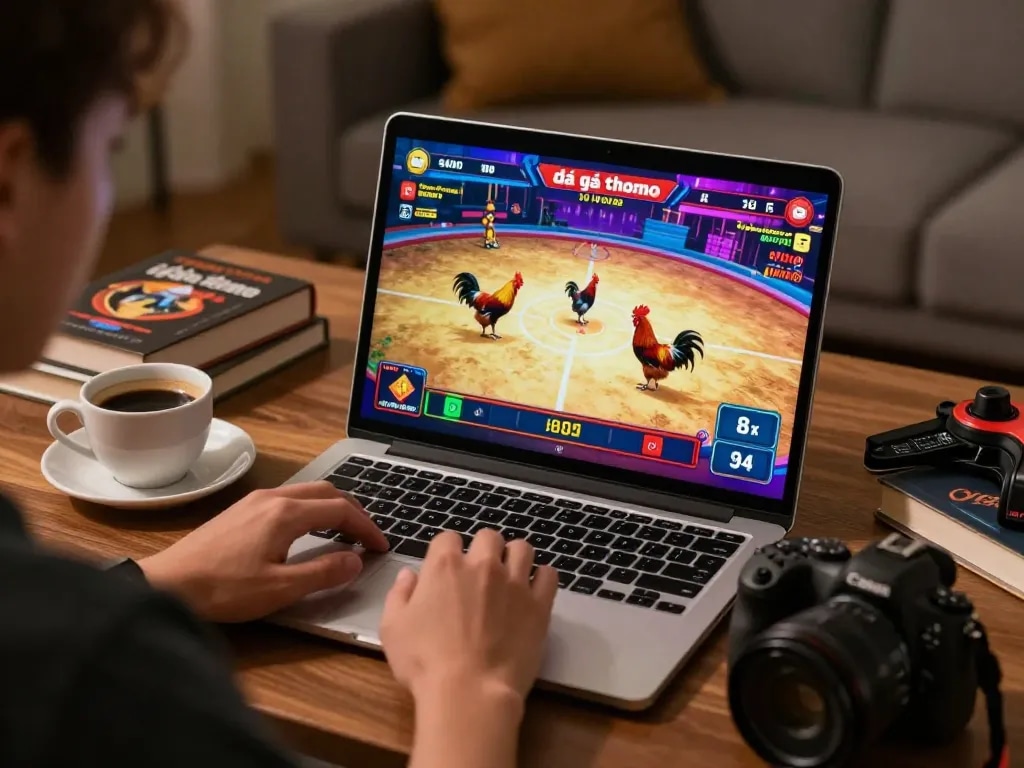 Engaging with Đá gà thomo live video on laptop for thrilling betting experience.