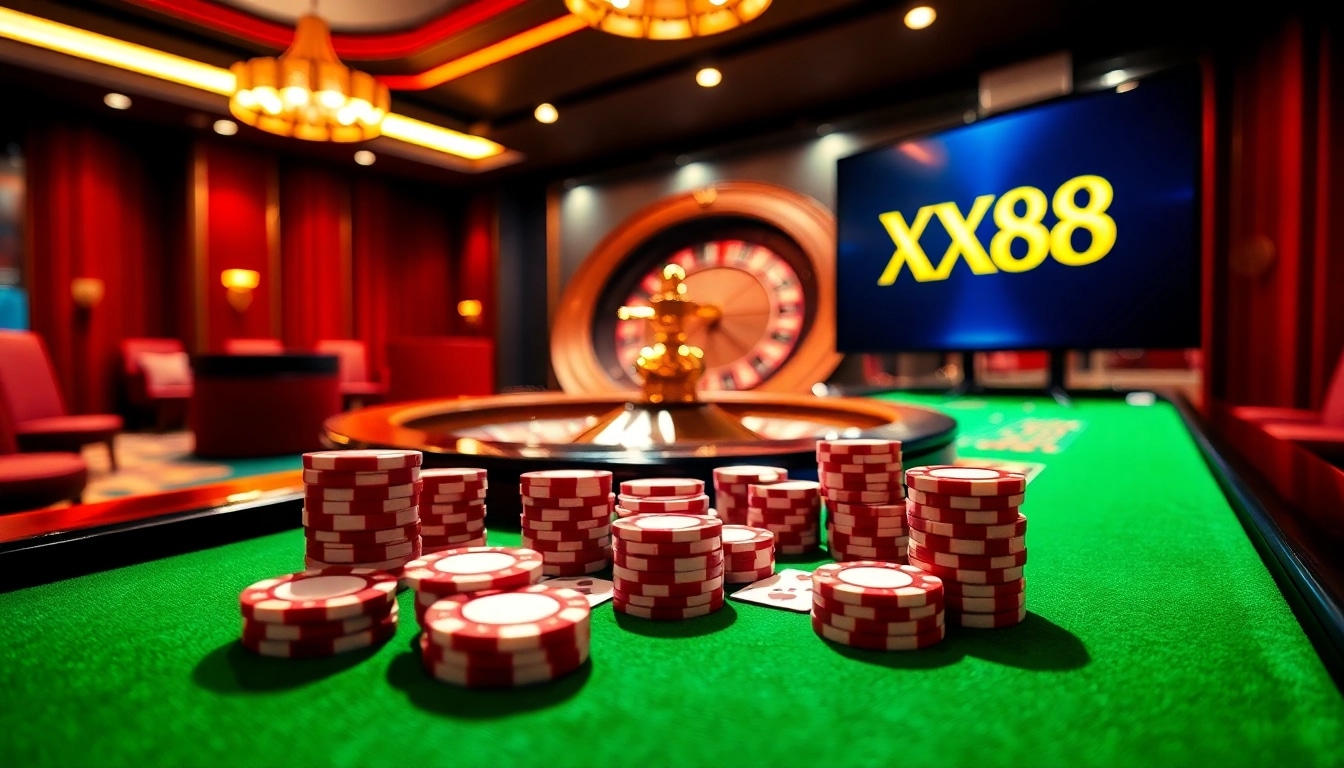 High-stakes gambling action at XX88 casino with vibrant poker chips and cards.