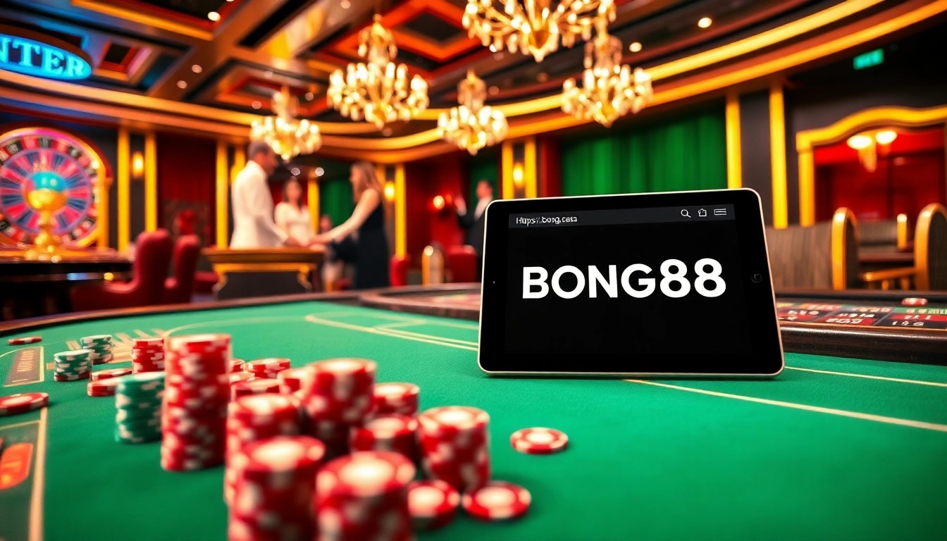 Engaging casino scene showcasing players at the table and online gambling with BONG88 at https://bong88.casa/.