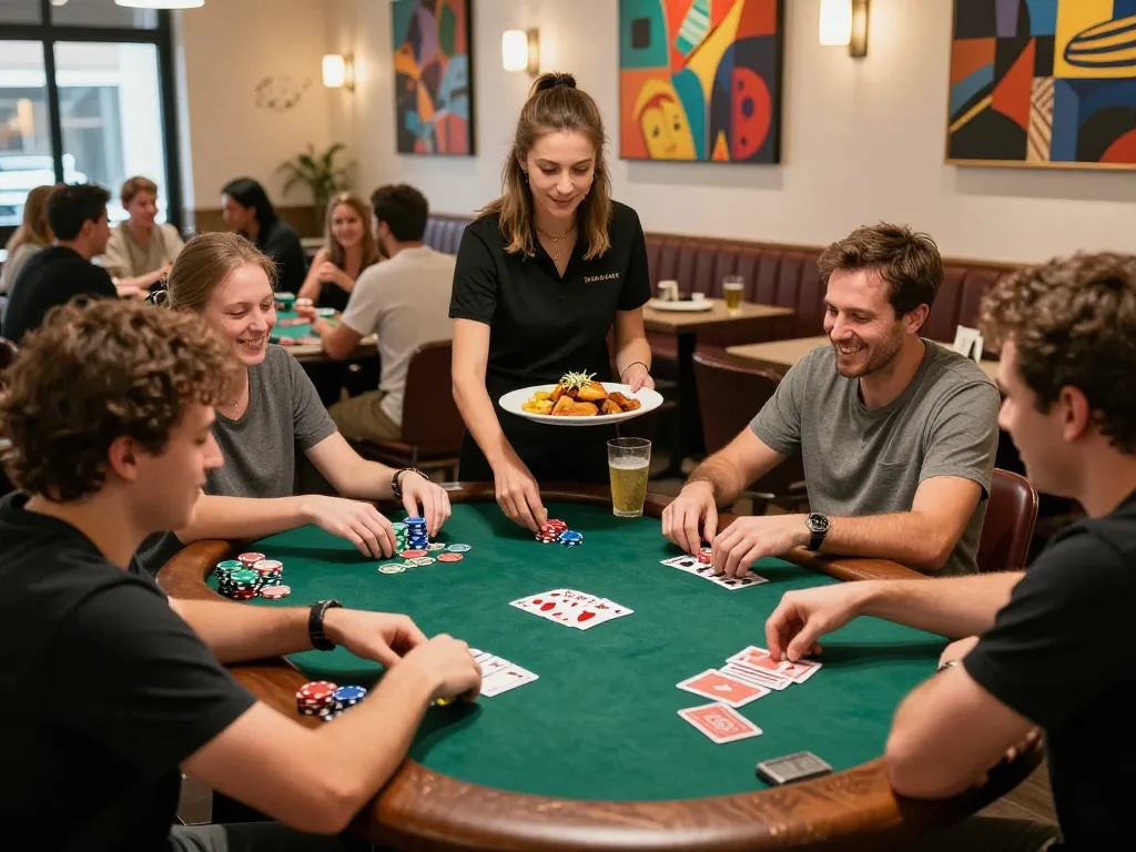 Exciting poker games at Pokerseri restaurant with players enjoying food and drinks.