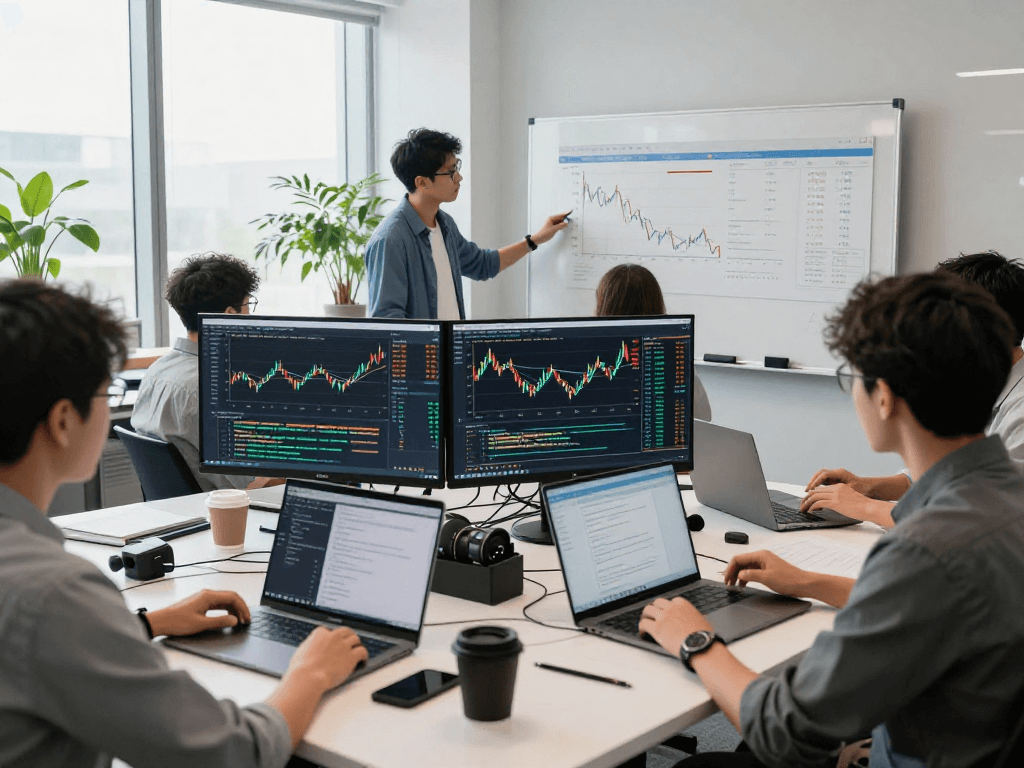 Developers analyzing historical Kline data API in a modern tech workspace with dual monitors.