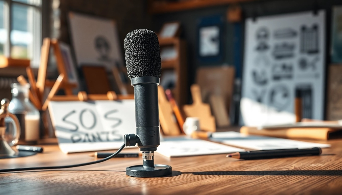 Capture the MV88 microphone prominently displayed on a wooden desk amidst creative tools.