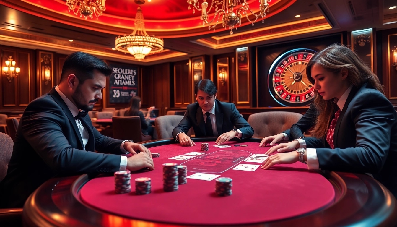 I9bet players engaged at a luxurious poker table in a vibrant casino scene.