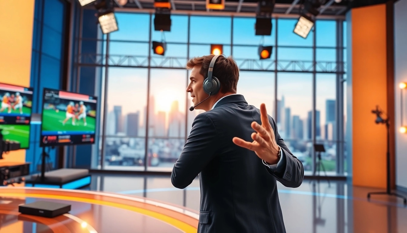 Engaging Sports Broadcasting studio with a presenter showcasing real-time sports updates.