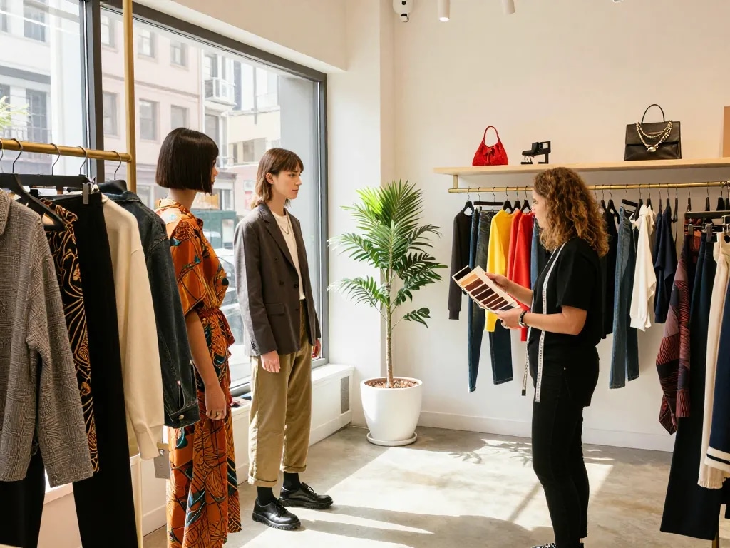Shopping for 레플리카 fashion in a trendy boutique with stylish outfits and accessories.