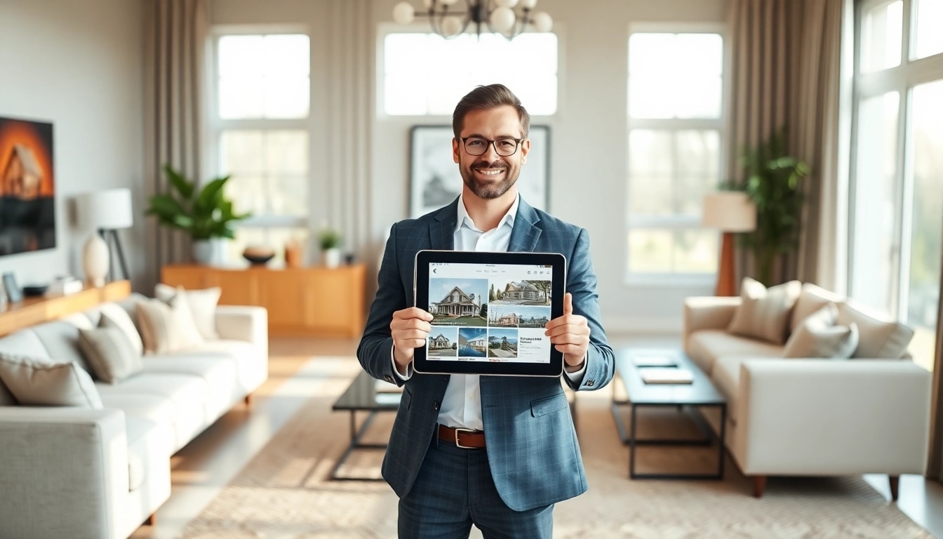 Real Estate agent showcasing properties in a beautifully staged living room setting.