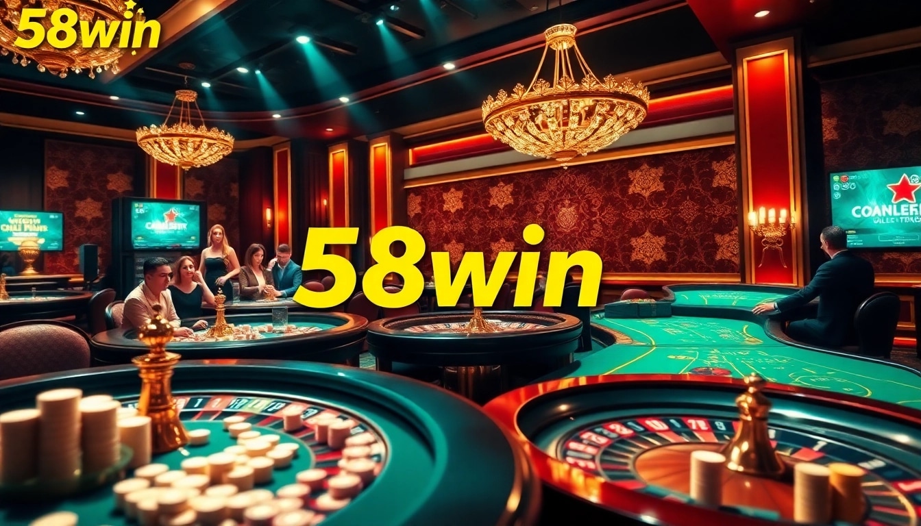 Experience the excitement at 58win with a vivid casino scene featuring poker tables and roulette.