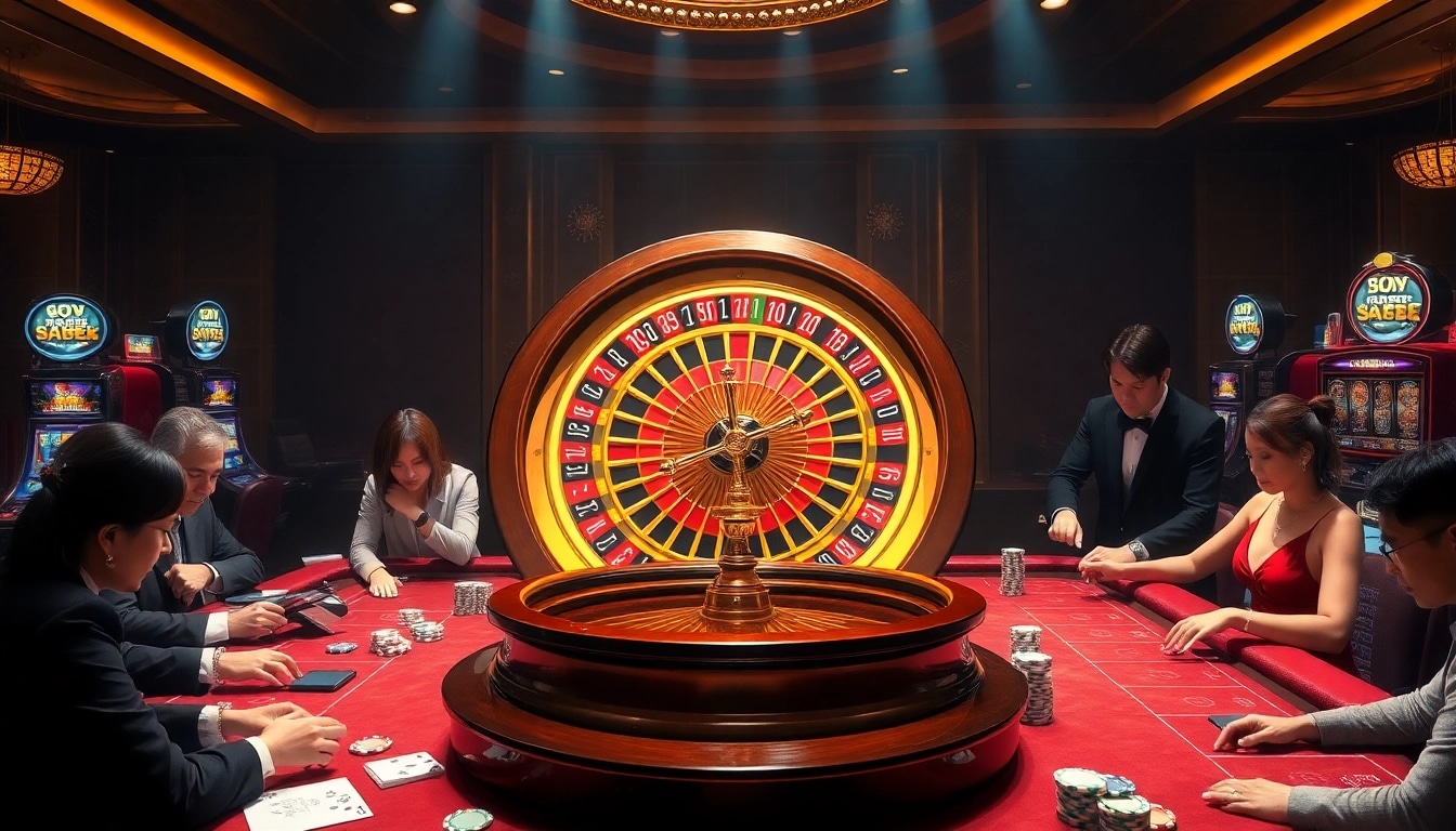 Pahala4d gamblers enjoy a thrilling game at a luxurious casino, showcasing roulette and poker elements.