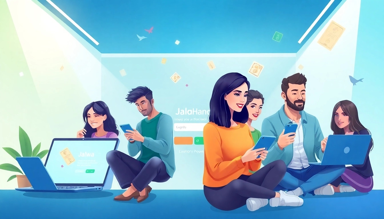 Jalwa login process illustrated with diverse users engaging seamlessly on multiple devices.