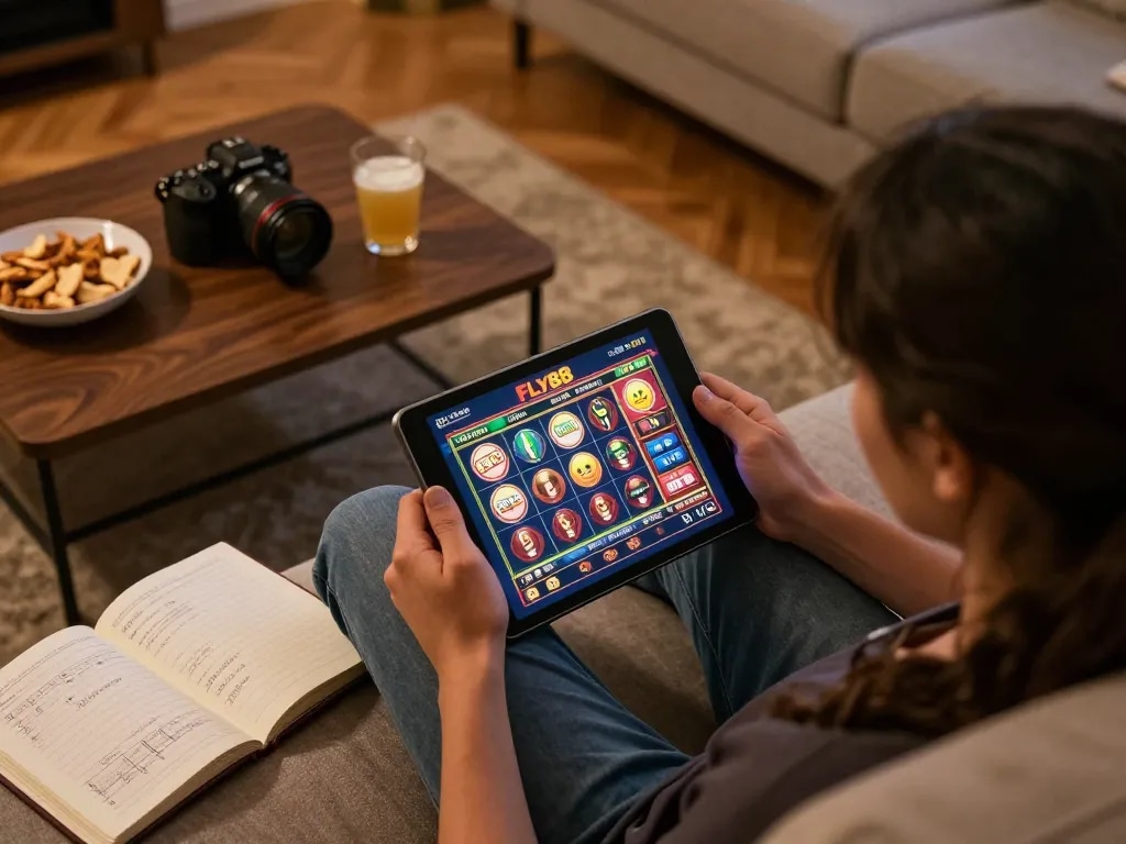 Engaging online gaming session showcasing FLY88 enthusiasm with a player analyzing strategy on a tablet.