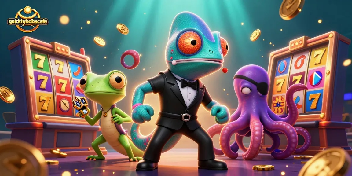 Engage with quicklybobacafe's vibrant slot machine experience featuring dynamic characters and golden reels.