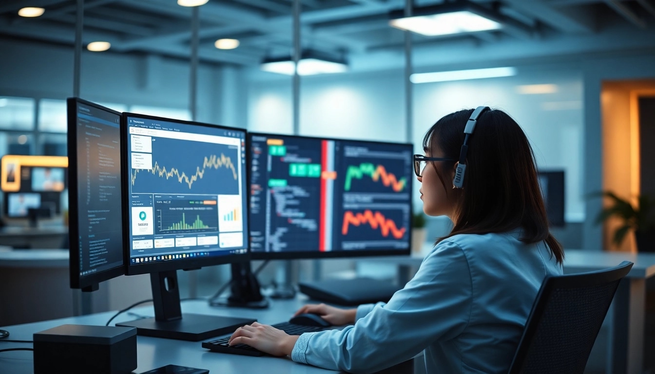Software engineering professional analyzing Amazon price data on dual monitors in a modern office.