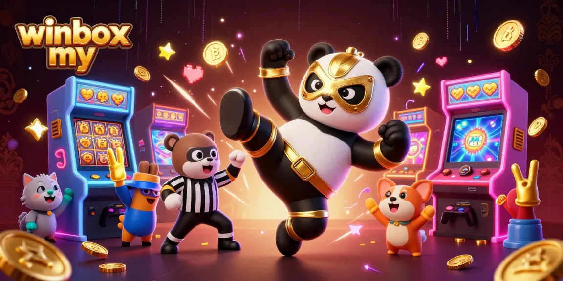 Winbox my illustration with 3D cartoon characters showcasing an exciting casino atmosphere filled with slot reels and game machines.