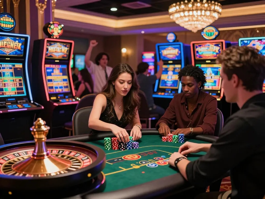Casino hubet88 players immersed in a luxurious online gaming experience with roulette, poker, and slots.