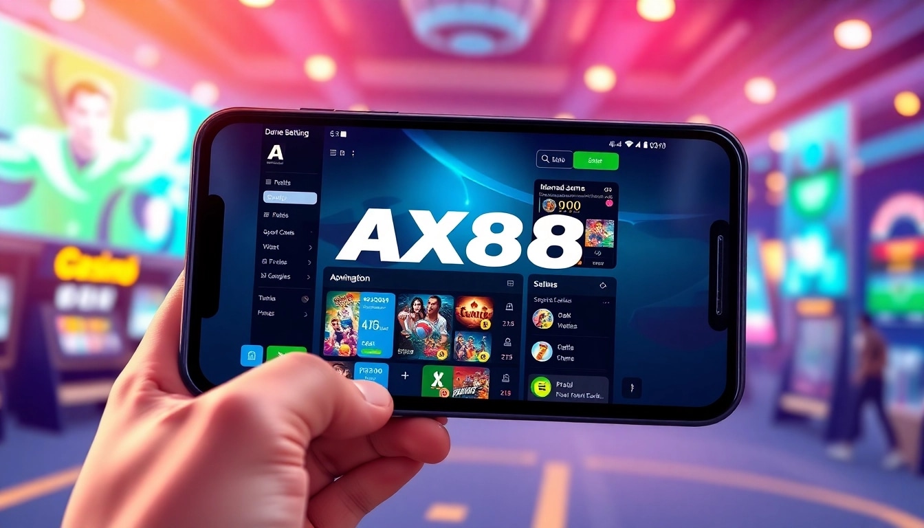 Giao diện ứng dụng AX88 trên điện thoại thông minh, thể hiện các tính năng cá cược và thiết kế thân thiện với người dùng.