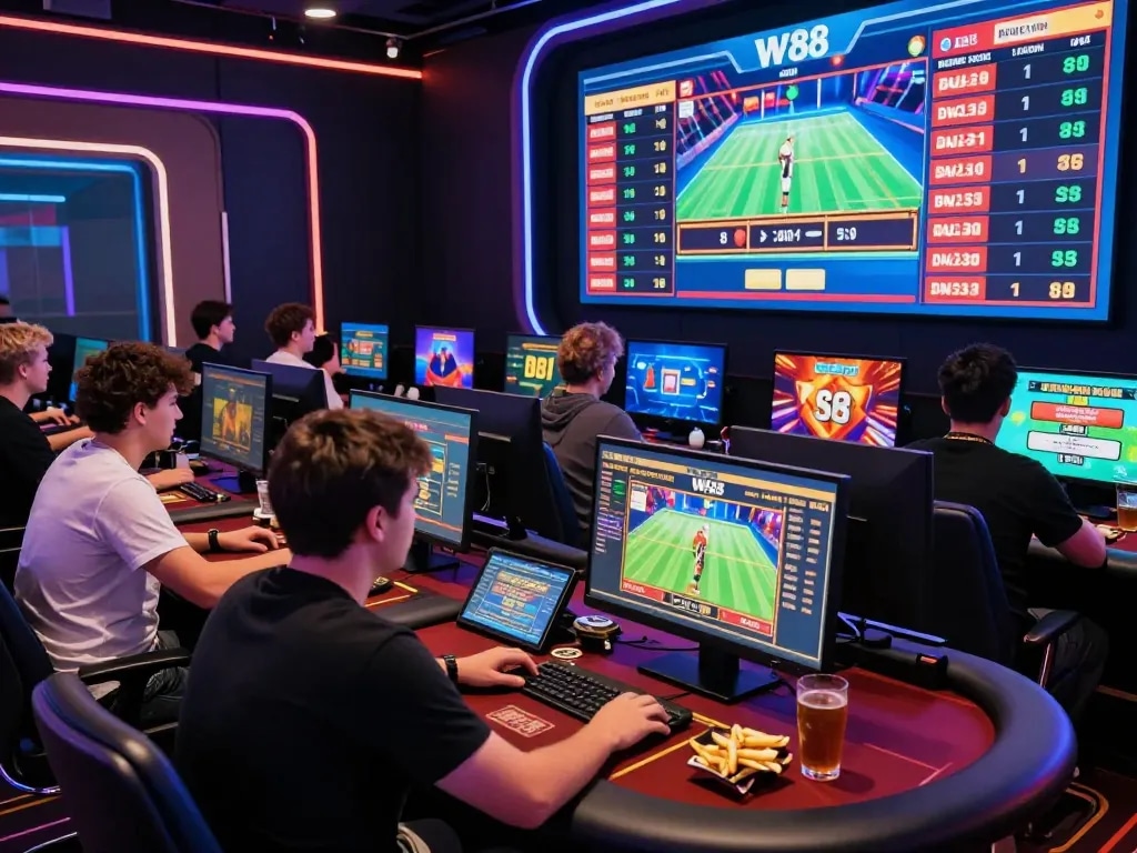 Diverse players engaged in thrilling games at W88's online casino, showcasing excitement and social interaction.