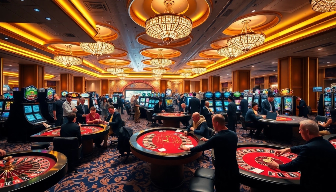 Gambling experience at https://9789bet.com/, showcasing lively roulette tables and poker action in a vibrant casino.
