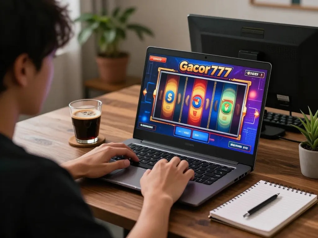 Engaging gameplay on a slot gacor 777 online interface at a cozy home workspace.