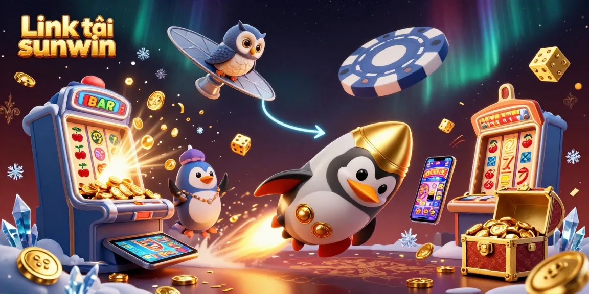 Play and win with Link tải sunwin, a vibrant casino-themed illustration featuring dynamic game elements and characters.