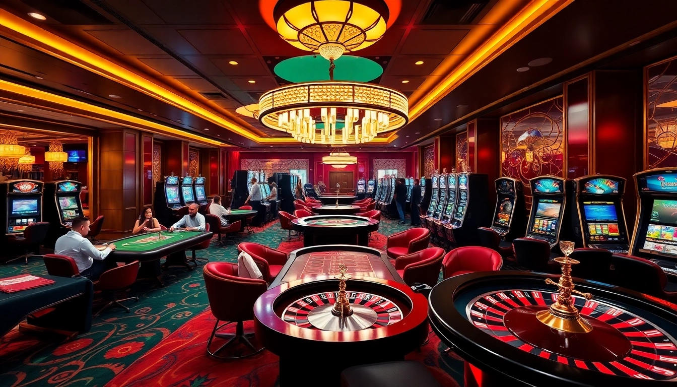 Players engaging in thrilling games at LC88 casino with vibrant lights and luxurious atmosphere.