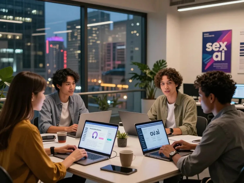 Collaboration among professionals discussing sex ai applications in a modern tech office.