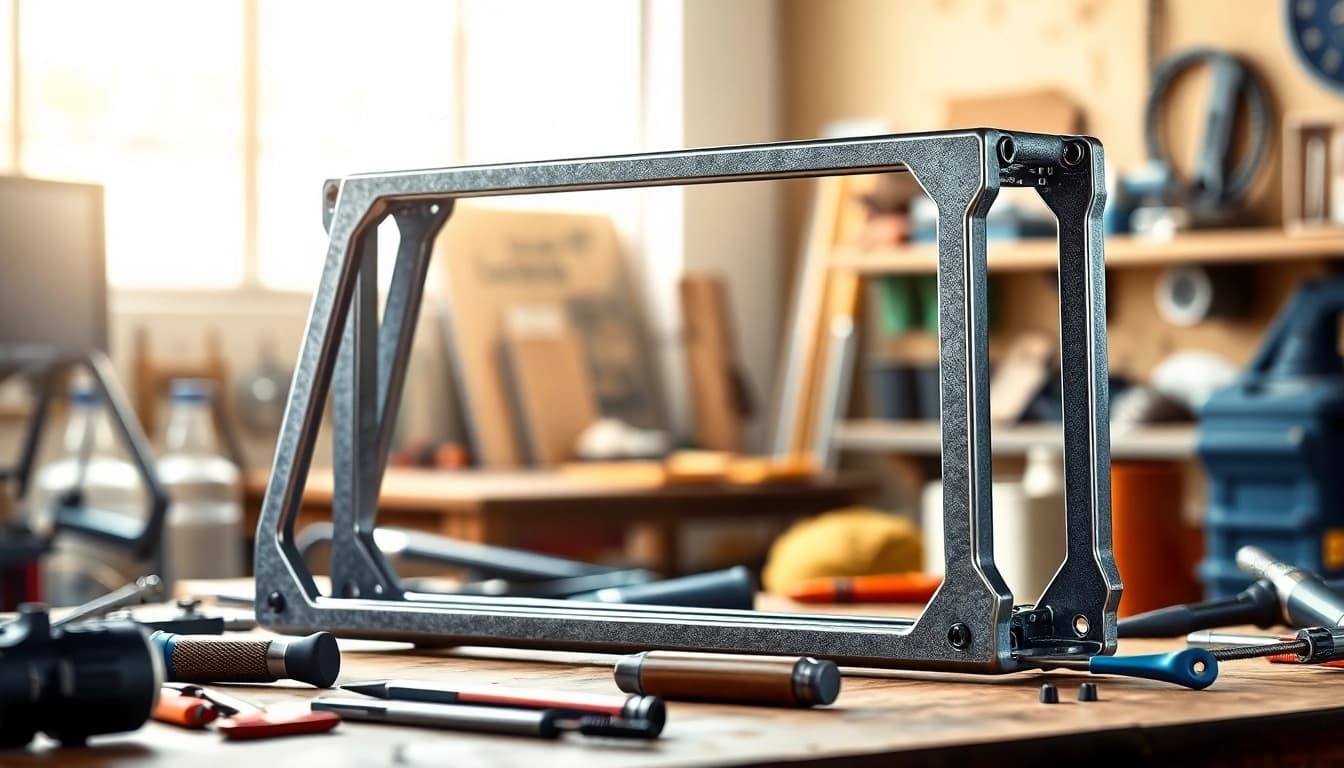 View of the pf940v2 frame kit on a workbench, emphasizing its design and craftsmanship.