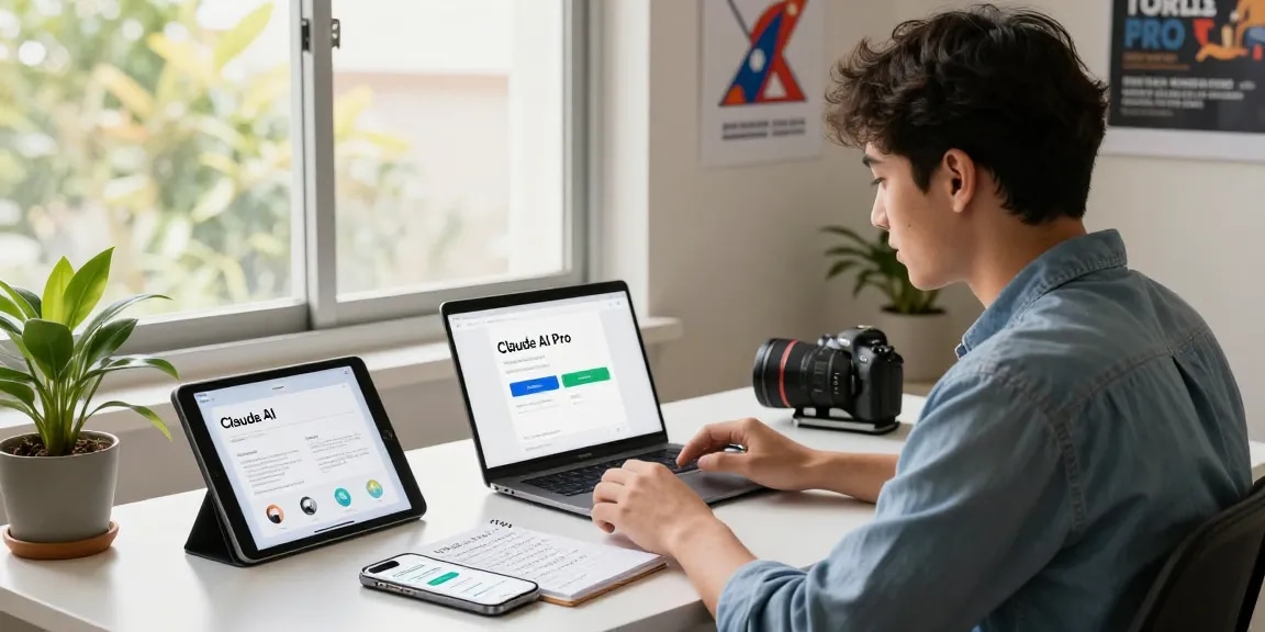 Engaging workspace showing a user ready to buy Claude AI Pro Subscription in Nepal, highlighting a modern desk setup with tech devices.