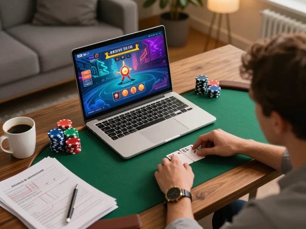rr88 player enjoying online poker game in a cozy home setting with strategy notes.