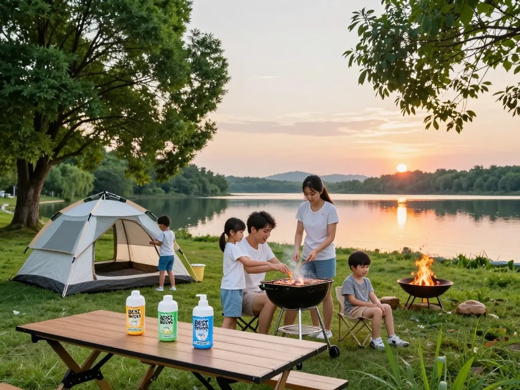 Family applying Best Mosquito Repellent while enjoying a lakeside barbecue during a summer evening.