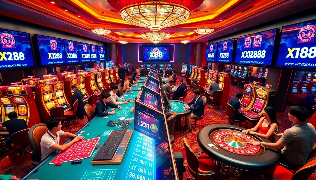 Gamblers enjoying an exciting casino experience at https://xx88.pizza/, celebrating wins at poker and roulette tables.