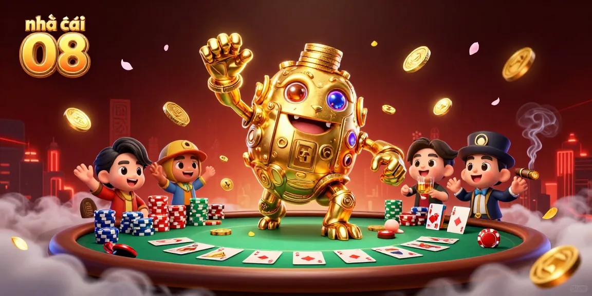Engage with Nhà cái O8's thrilling poker experience featuring a golden coin golem, chips, and vibrant atmosphere.