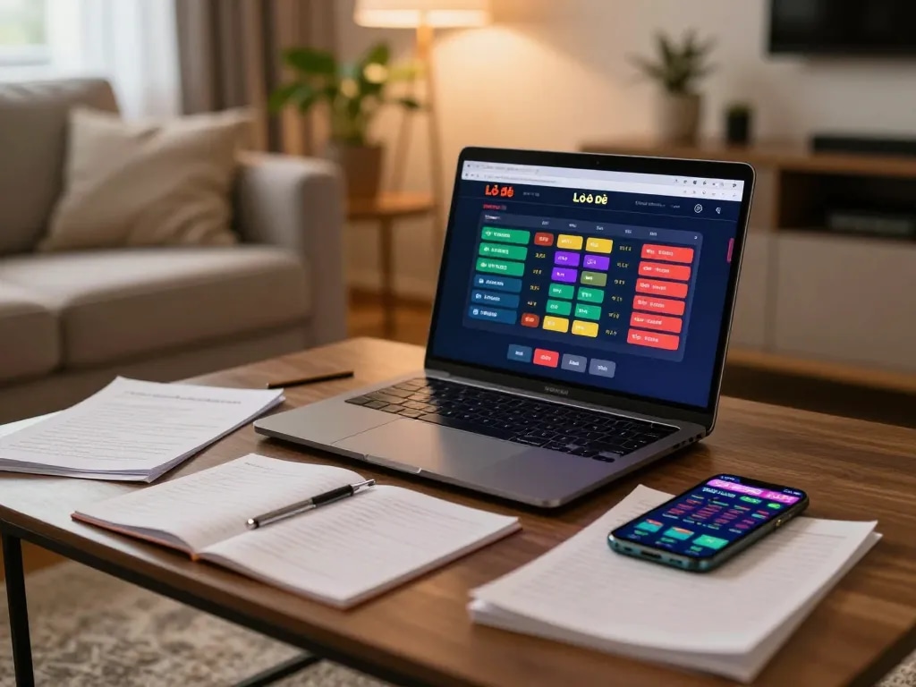 Lô đề online betting interface displayed on a laptop in a cozy home gaming setup with personal notes and warm lighting