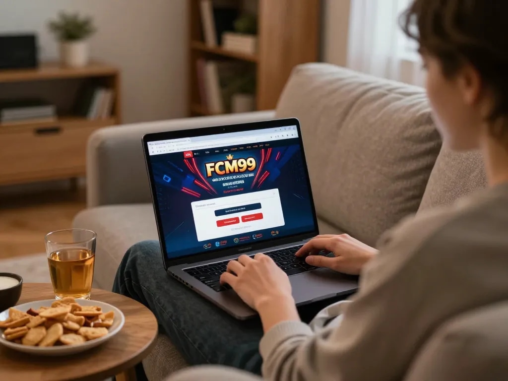 Accessing FCM99 login while enjoying a cozy home gaming experience with snacks and drinks.