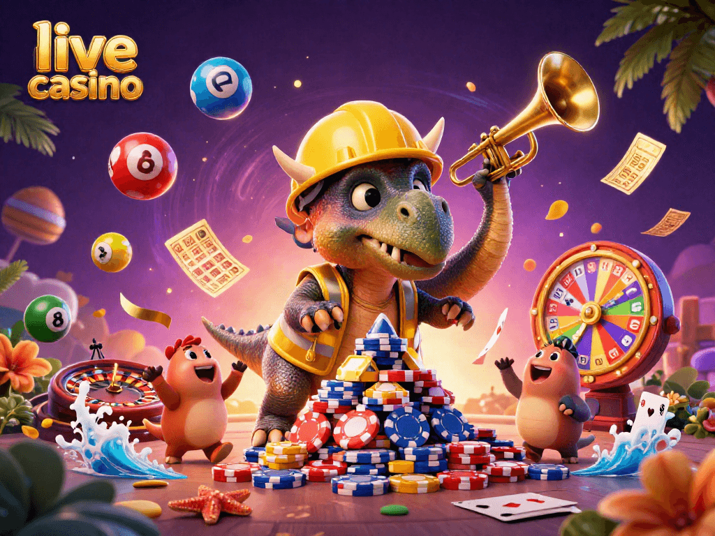 Experience the excitement of a live casino with vibrant gaming elements in this dynamic 3D illustration.