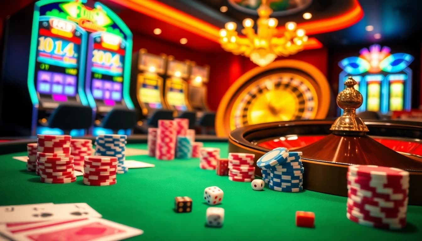 Ambiance passionnante de casino en ligne avec des jetons de poker, des cartes et une roulette en mouvement.