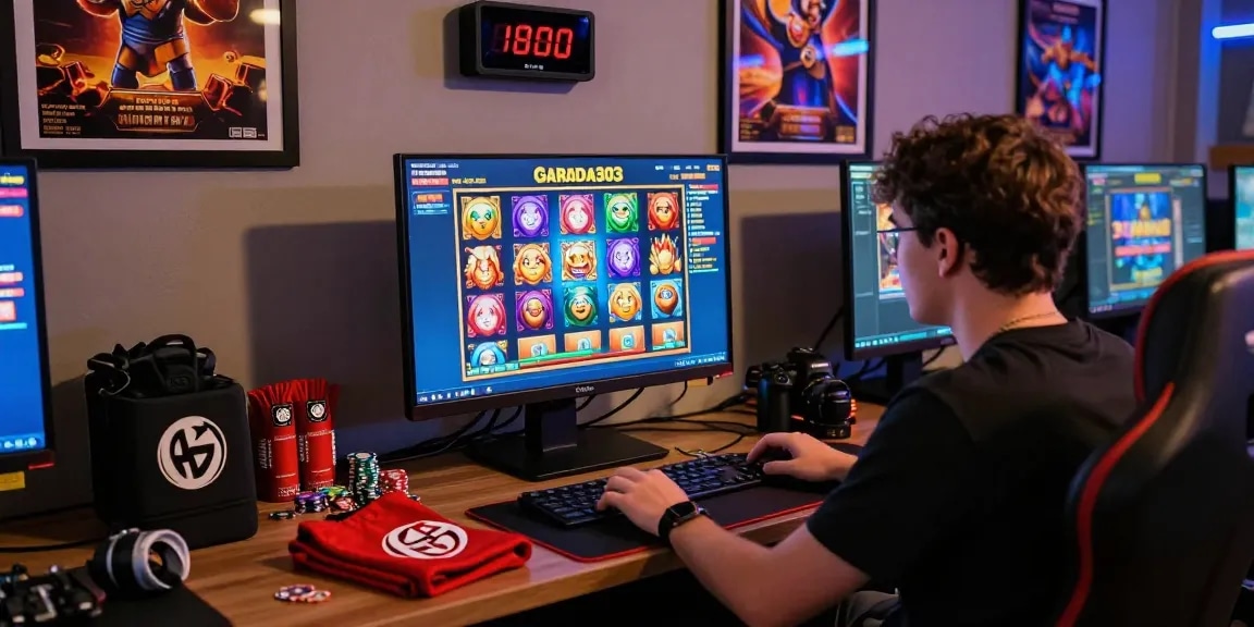 Gamer enjoying vibrant online slots on garuda303 platform in a lively setting.