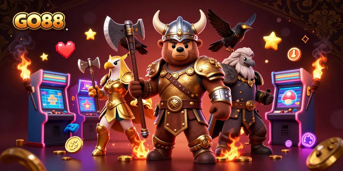 GO88 platform showcases thrilling gaming experiences with a 3D Viking bear and Valkyrie eagle amidst vibrant casino elements.