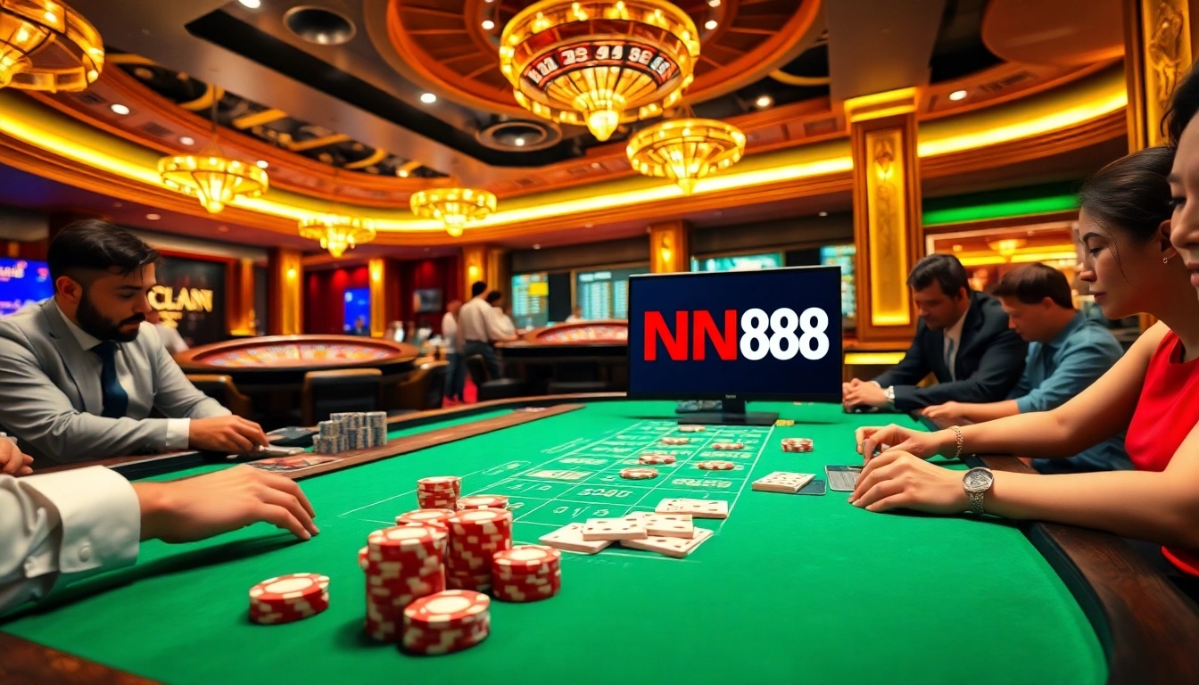 Experience high-stakes action at NN88's luxurious casino featuring vibrant tables and excited players.